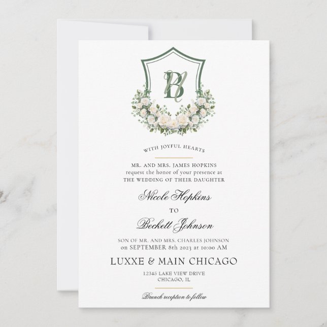 White Flowers Crest Wedding Invitation (Front)