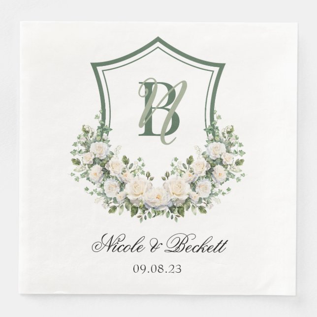 White Flowers Crest Wedding Napkin (Front)