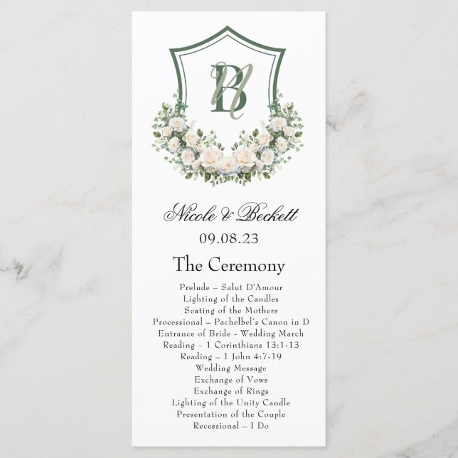 White Flowers Crest Wedding Program (Front)