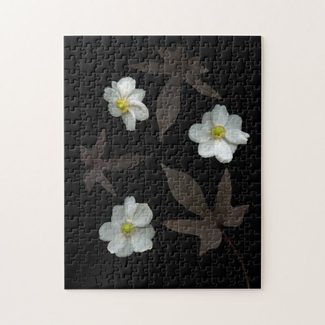 White Flowers Dark Leaves on Solid Black Jigsaw Puzzle (Vertical)