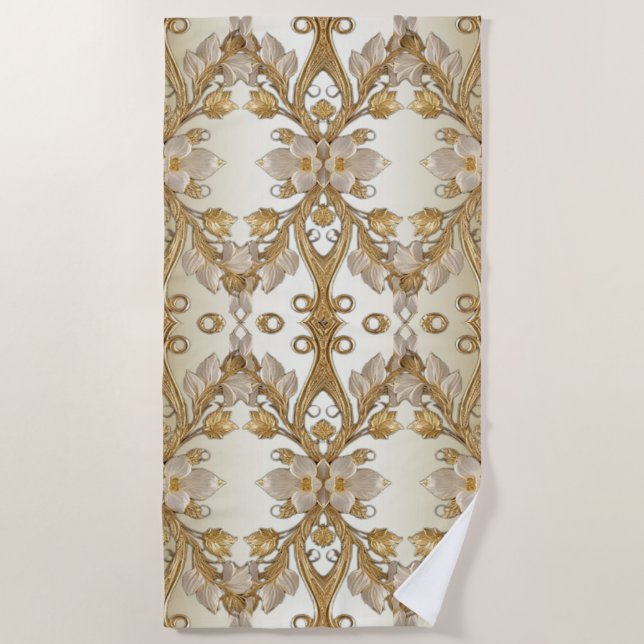 White Flowers Decorative Gold Beach Towel (Front)