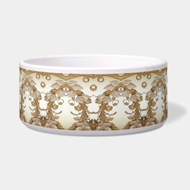 White Flowers Decorative Gold Ceramic Pet Bowl (Front)