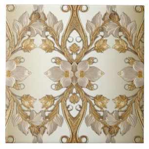 White Flowers Decorative Gold Ceramic Tile