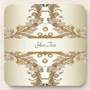 White Flowers Decorative Gold Hard Plastic Coaster