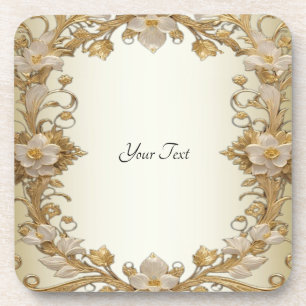 White Flowers Decorative Gold Hard Plastic Coaster