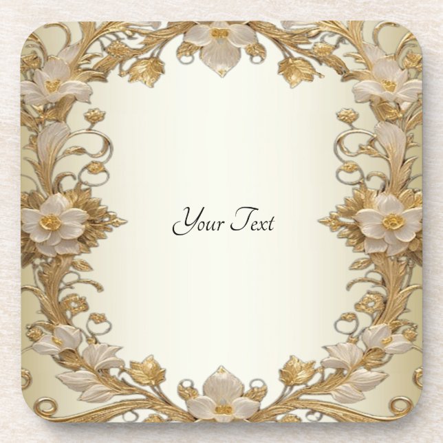 White Flowers Decorative Gold Hard Plastic Coaster (Front)