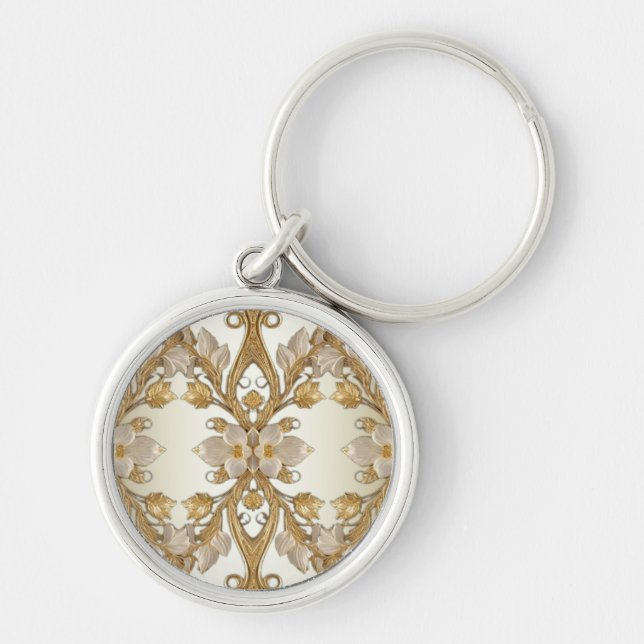 White Flowers Decorative Gold Keychain (Front)