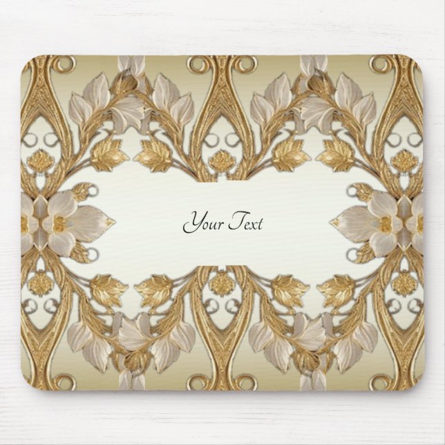 White Flowers Decorative Gold Mousepad (Front)