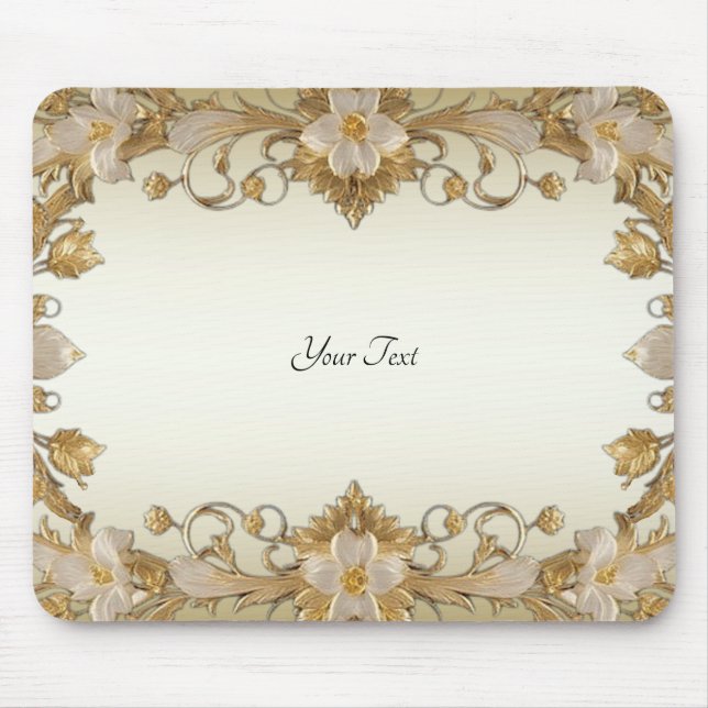 White Flowers Decorative Gold Mousepad (Front)
