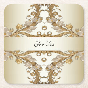 White Flowers Decorative Gold Paper Coaster