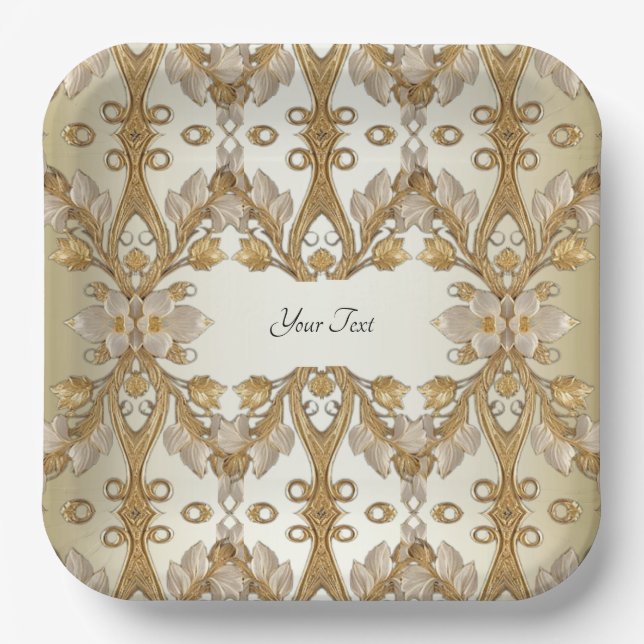White Flowers Decorative Gold Paper Plate (Front)