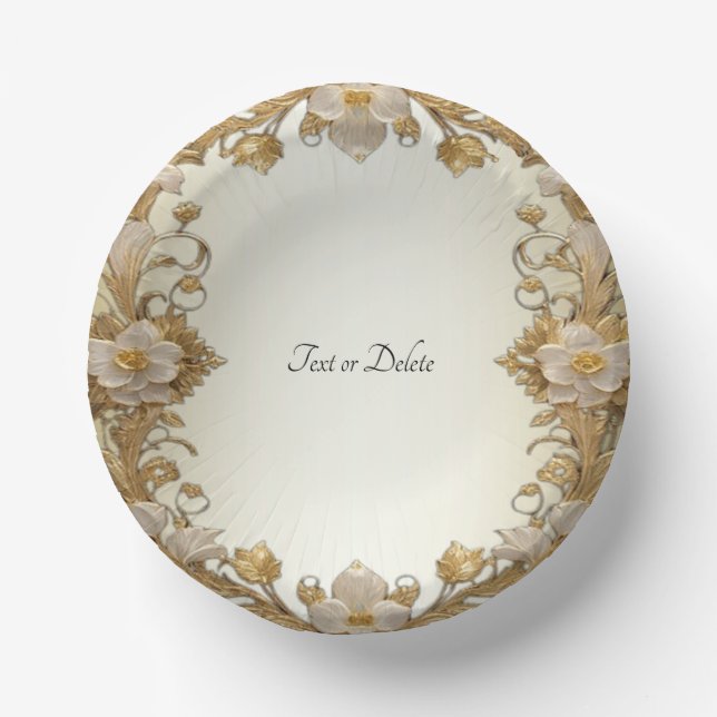 White Flowers Decorative Gold Paper Plate (Front)