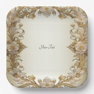 White Flowers Decorative Gold Paper Plate