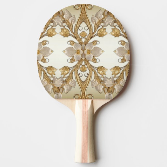 White Flowers Decorative Gold Ping Pong Paddle (Front)