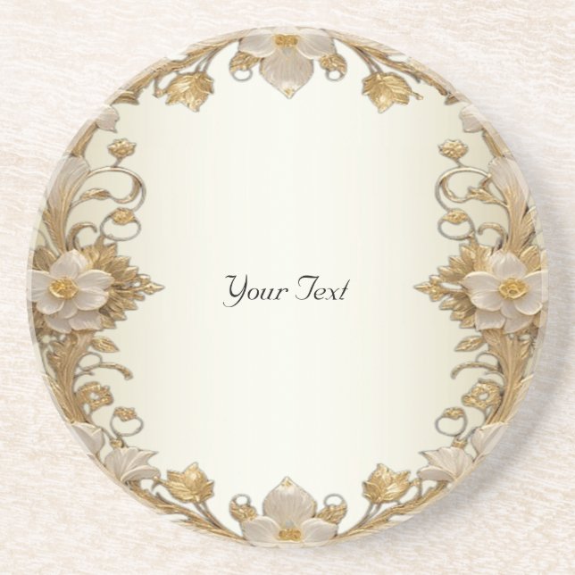 White Flowers Decorative Gold Sandstone Coaster (Front)