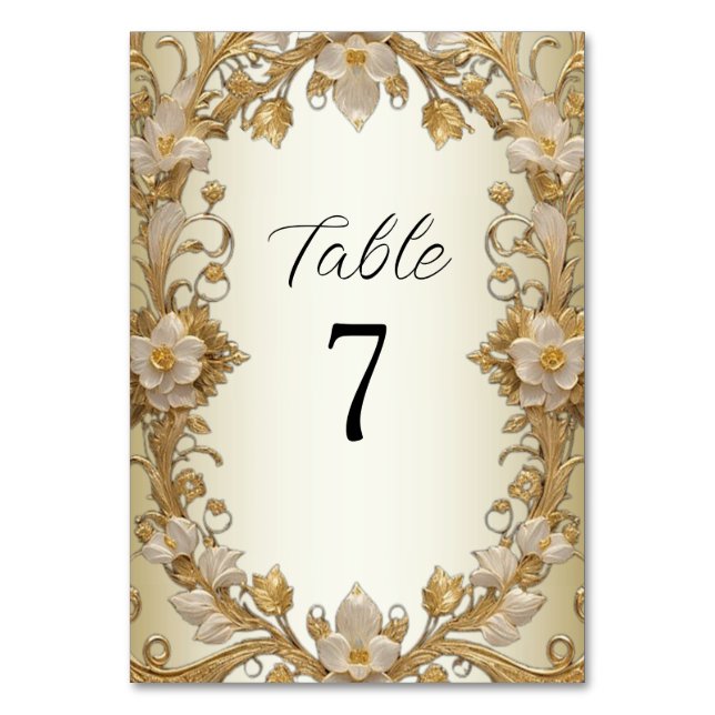 White Flowers Decorative Gold Table Number (Front)