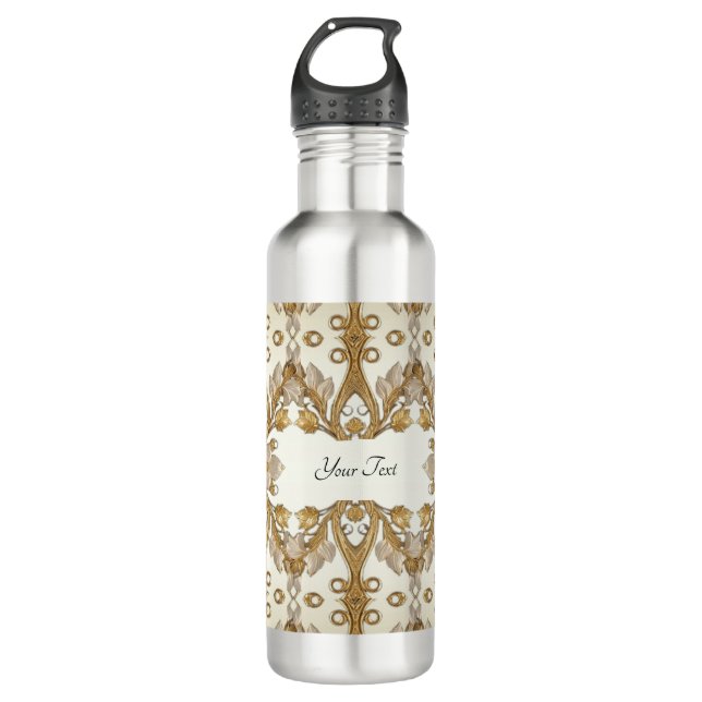 White Flowers Decorative Gold Water Bottle (Front)