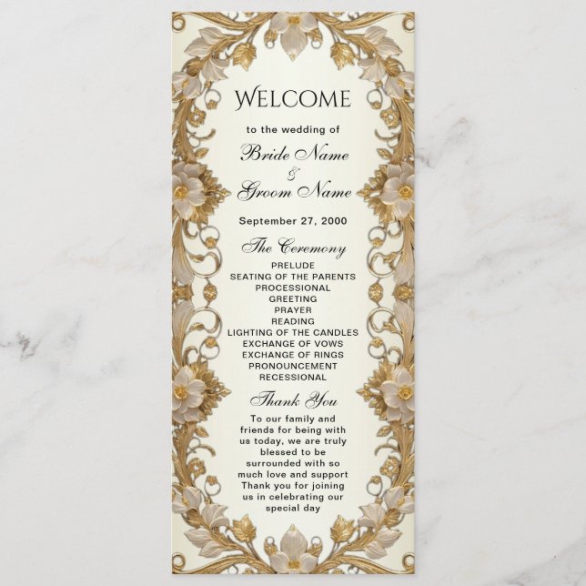 White Flowers Decorative Gold Wedding Program (Front)
