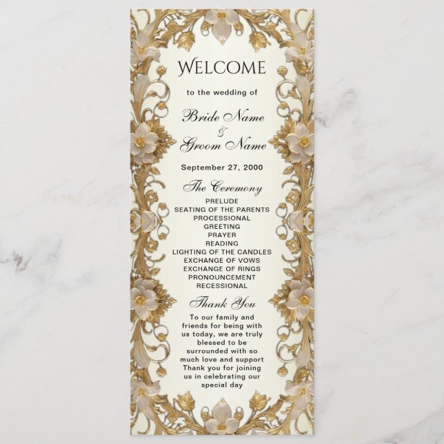 White Flowers Decorative Gold Wedding Program (Front)