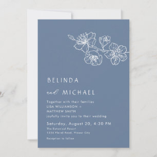 White Flowers Dusty Blue Casual Wedding Invitation