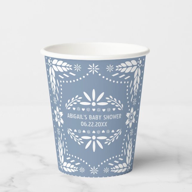 White flowers dusty blue papel picado baby shower paper cups (Front)