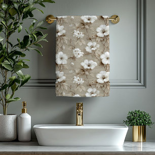 White flowers earthy tones minimalist modern bath  towel set
