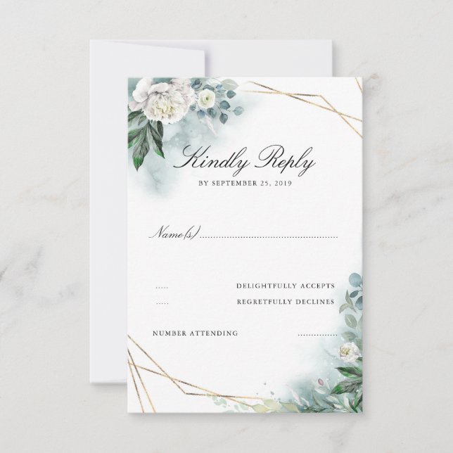White Flowers Elegant Gold Frame Wedding RSVP Card (Front)