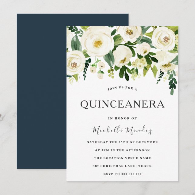 White Flowers Elegant Green Quinceanera Invitation (Front/Back)