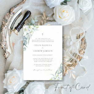 White Flowers & Elegant Greenery Catholic Wedding Invitation