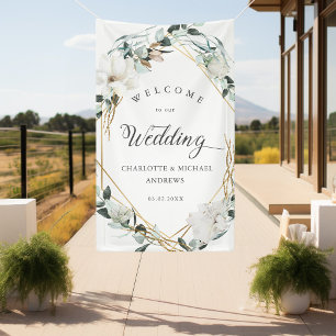 White Flowers Eucalyptus Gold Geometric Wedding Banner
