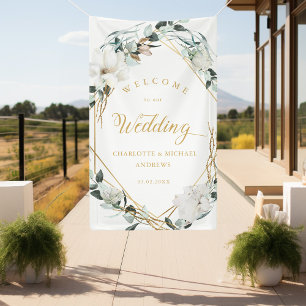White Flowers Eucalyptus Gold Geometric Wedding  Banner