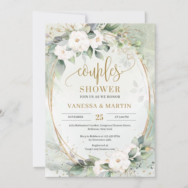 White flowers eucalyptus gold oval couples shower invitation (Front)