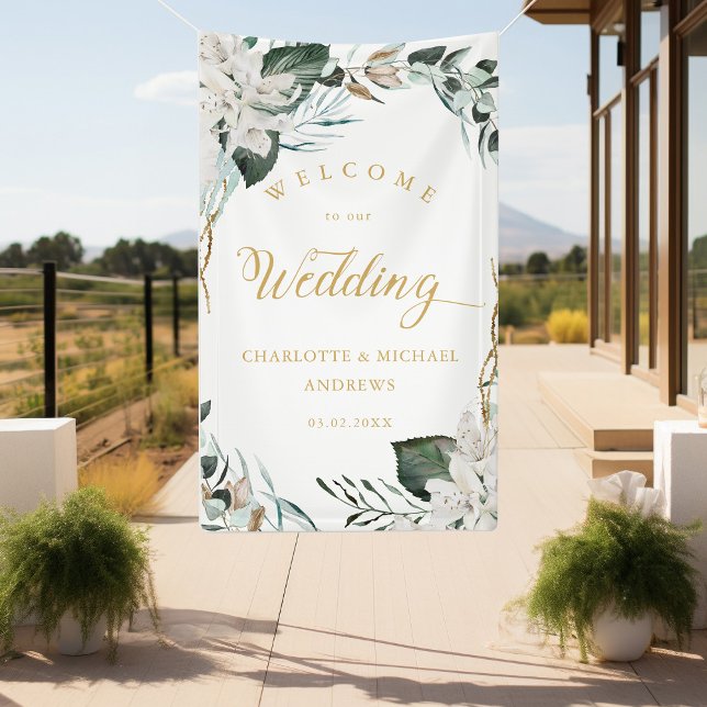 White Flowers Eucalyptus Gold Wedding Banner (Creator Uploaded)