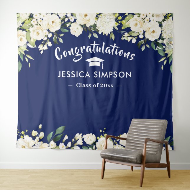 White Flowers Eucalyptus Graduation Photo Backdrop Tapestry (In Situ (Horizontal))