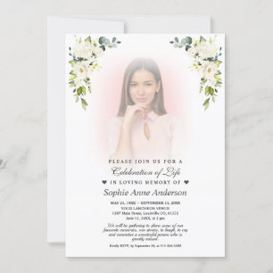  White Flowers Faded Photo Celebration of Life  Invitation