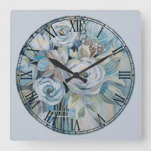 White Flowers Fine Art Roman Numeral Square Wall Clock