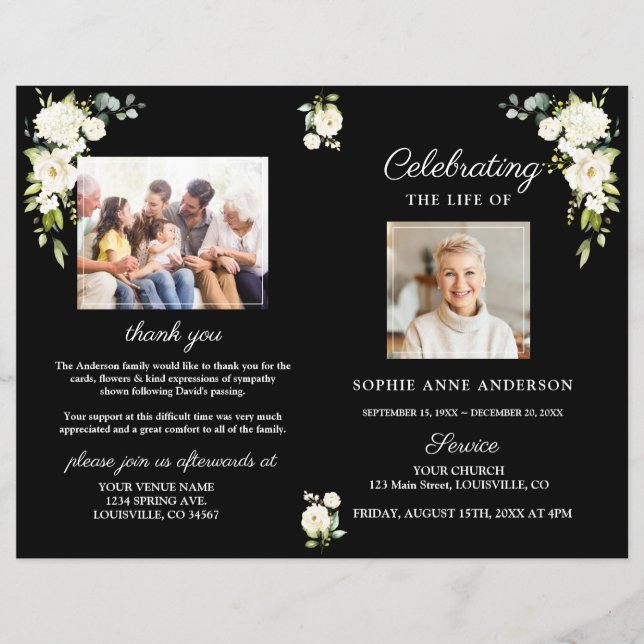 White Flowers Funeral Service Photo Program (Front)