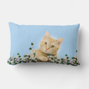 White Flowers & Ginger Tabby Cat on Light Blue Lumbar Cushion