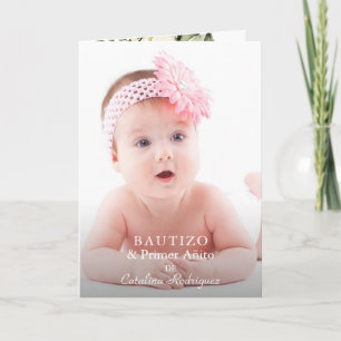 White Flowers Girl Photo 1st Birthday Baptism Invitation