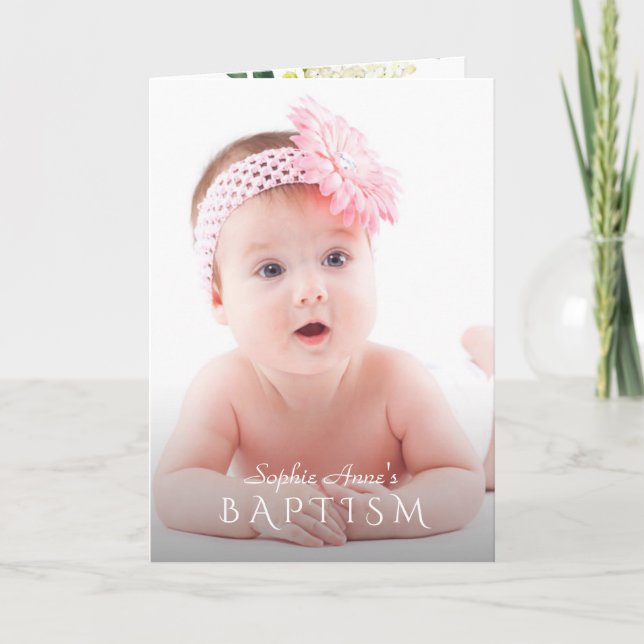 White Flowers Girl Photo Baptism Christening Invitation (Front)