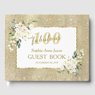 White Flowers Gold 100 and Fabulous Birthday Party Guest Book