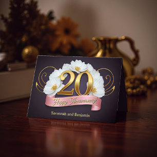 White Flowers Gold 20th Wedding Anniversary Card