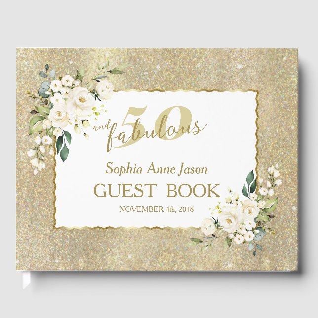 White Flowers Gold 50 and Fabulous Birthday Party Guest Book (Front)