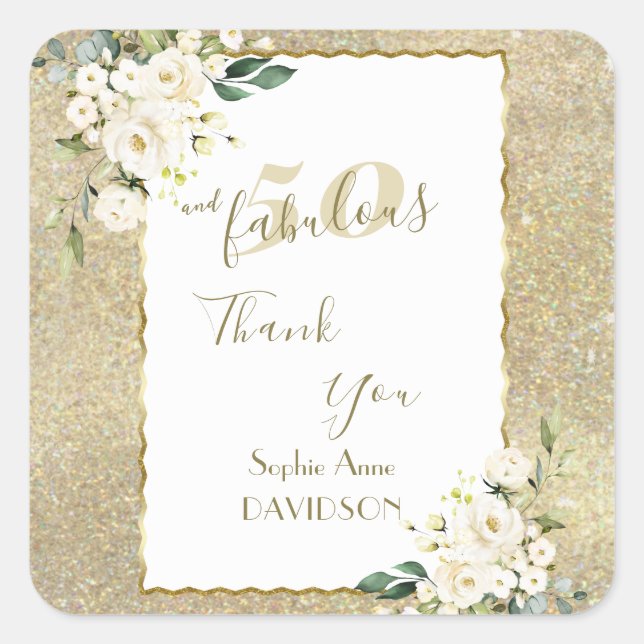 White Flowers Gold 50 and Fabulous Birthday Party  Square Sticker (Front)