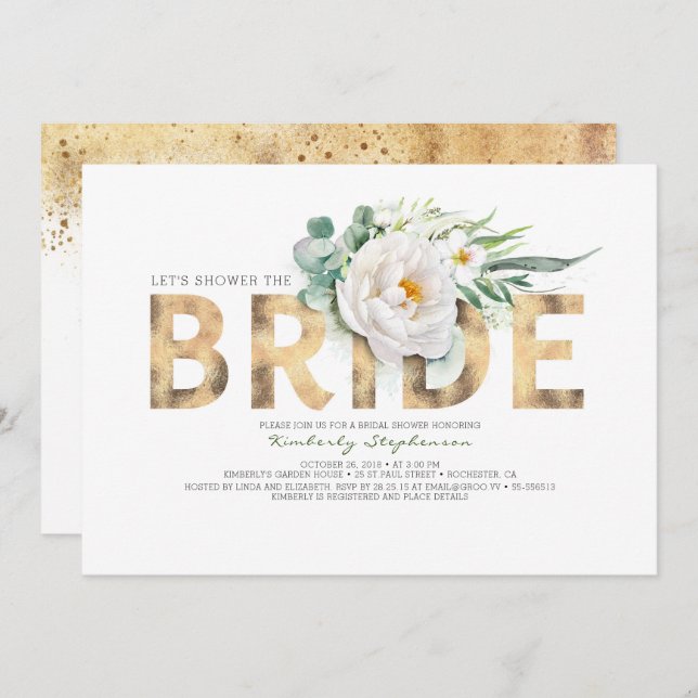 White Flowers Gold and Greenery Chic Bridal Shower Invitation (Front/Back)