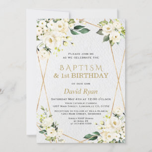 White Flowers Gold Baptism 1st Birthday Party Invitation