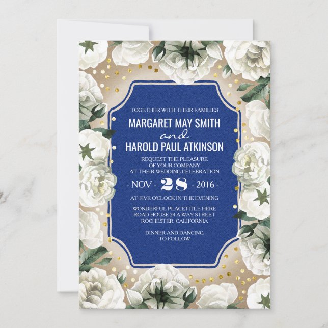 White Flowers Gold Confetti Wreath Navy Wedding Invitation (Front)