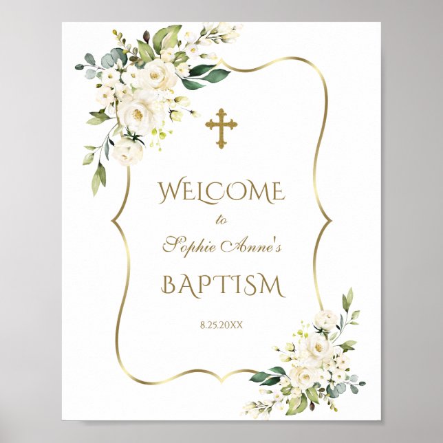 White Flowers Gold Frame Baptism Welcome Sign (Front)