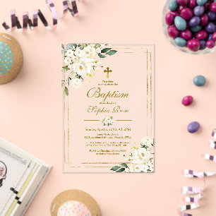 White Flowers & Gold Frame Girl Baptism Acrylic Invitations