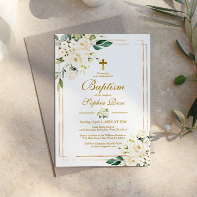 White Flowers & Gold Frame Girl Baptism Invitation (Creator Uploaded)